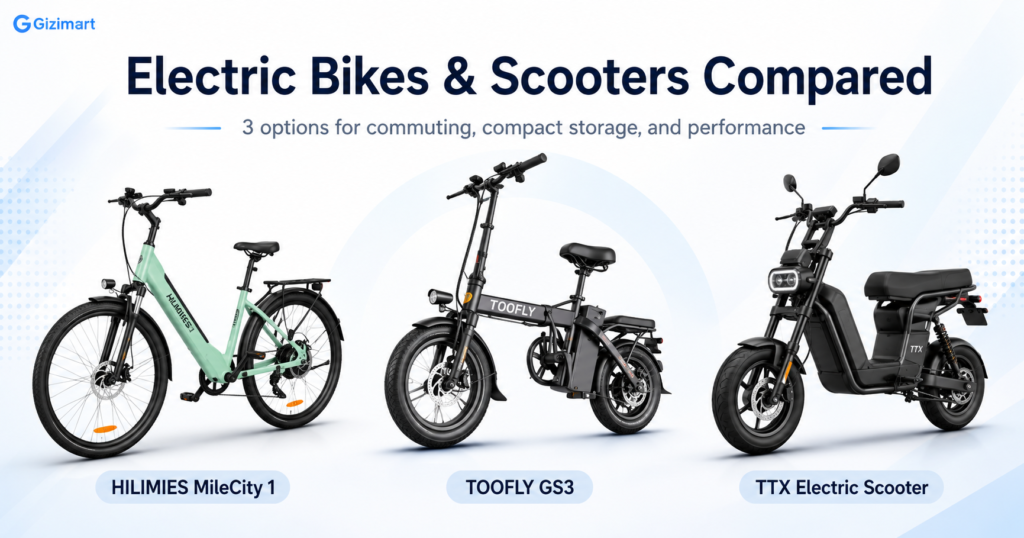 Best electric bikes and scooters for adults comparison featuring HILIMIES MileCity 1, TOOFLY GS3 and TTX